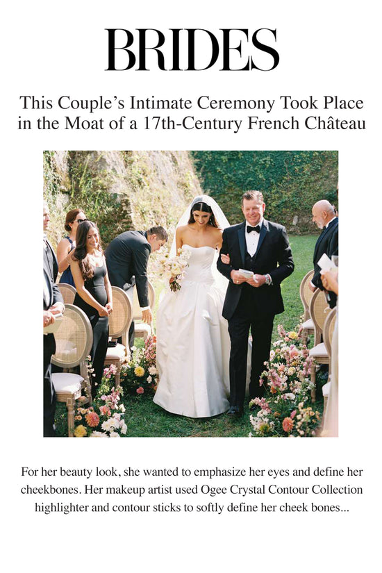 Brides.com article image with bride wearing Ogee's Crystal Contour Collection highlighter and contour sticks.